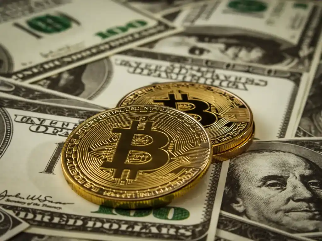 Monedas físicas de Bitcoin sobre dólares