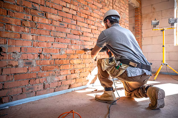 Albañil construyendo una pared 