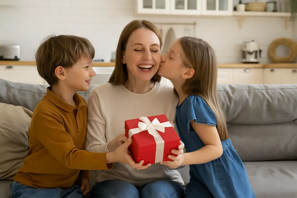 Madre sonriendo mientras recibe un regalo por el Día de la Madre.